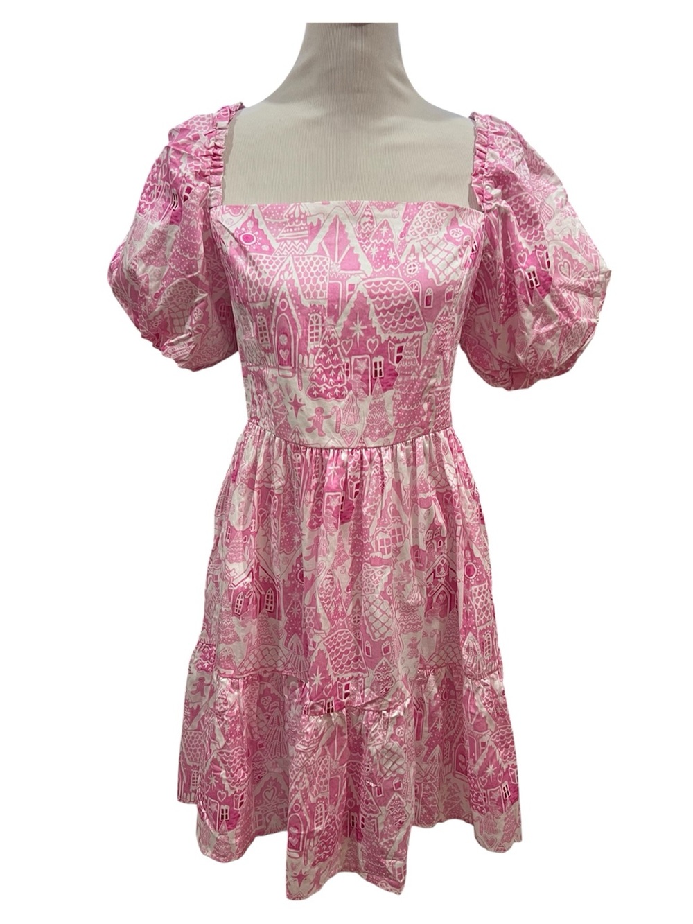 Kathleen Maeve Pink Gingerbread Print Puff Sleeve Dress Size Large NWT